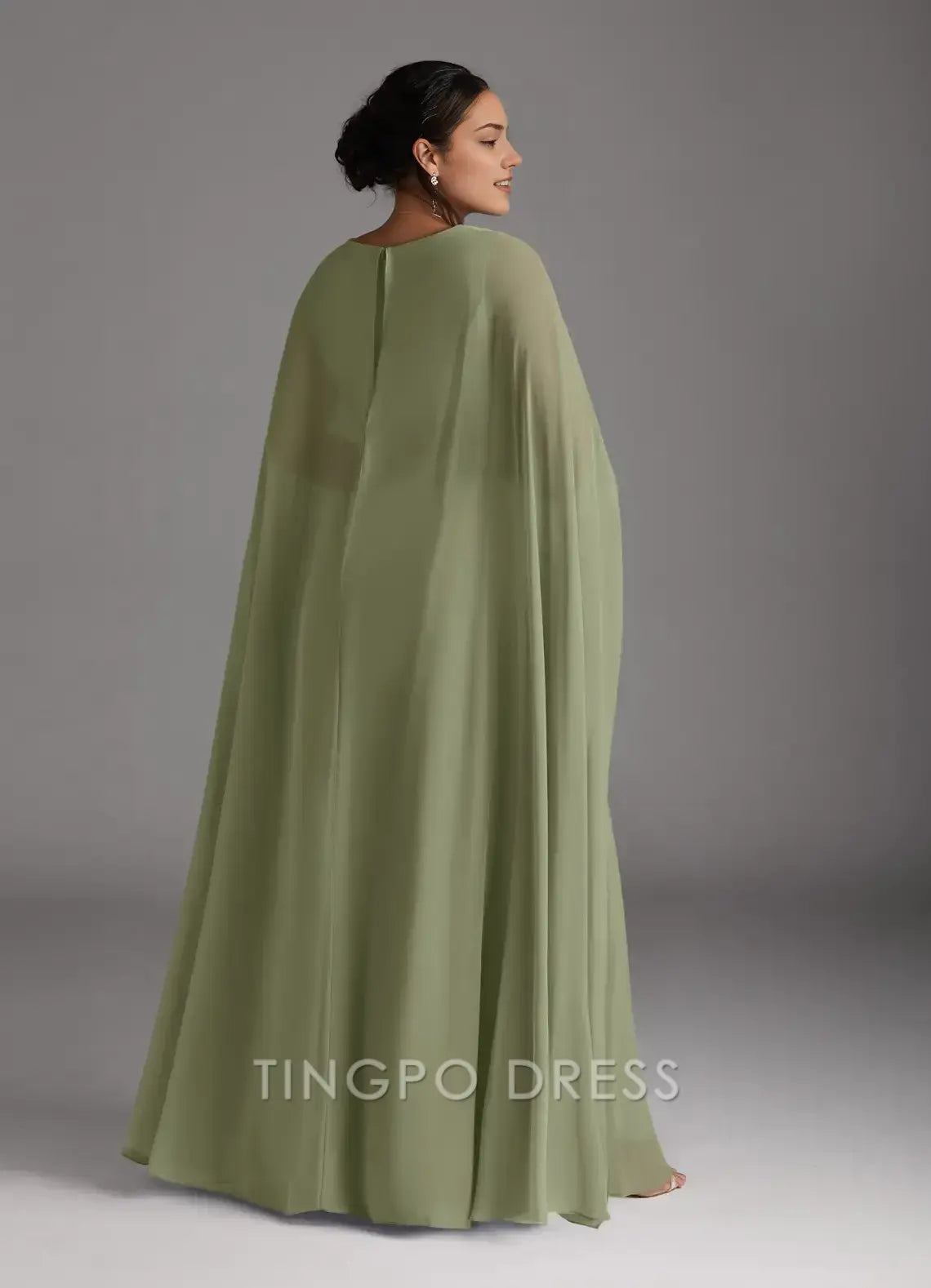 TingPo Wholesale Elegant Plus - Size V - Neck Chiffon Maxi Dress with Cape Sleeves Waist Belt and Side Slit for Formal Occasions